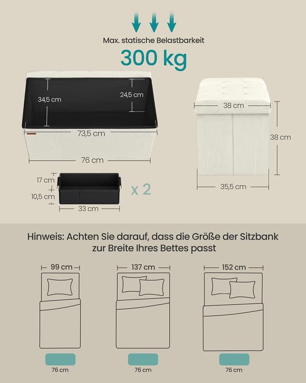 Opbevaringsbænk - foldbart design - cremehvid