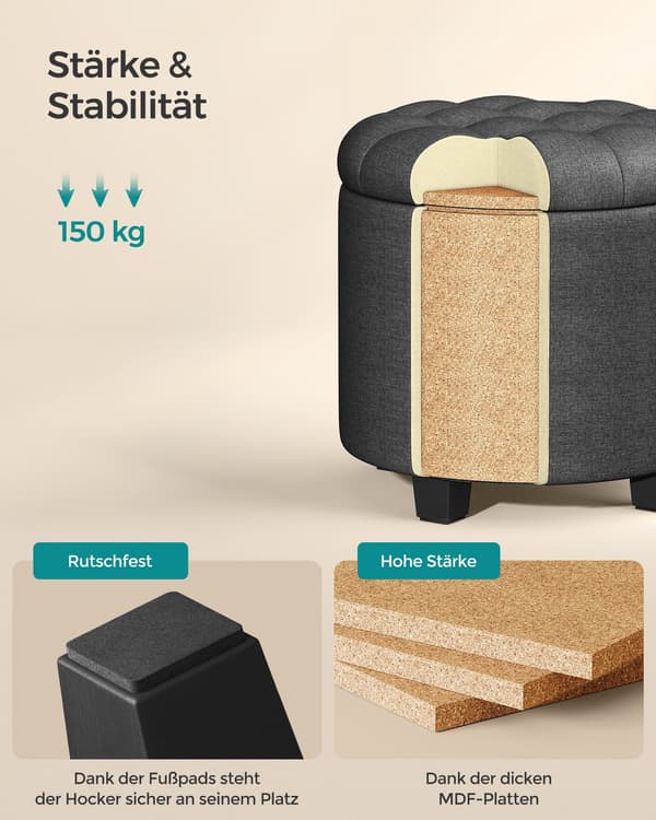 Fotpall med förvaring - linneimitation - mörkgrå