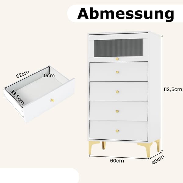 Kommodeskåp - med lådor sidobord fällbar glasdörr - 4 - Vit