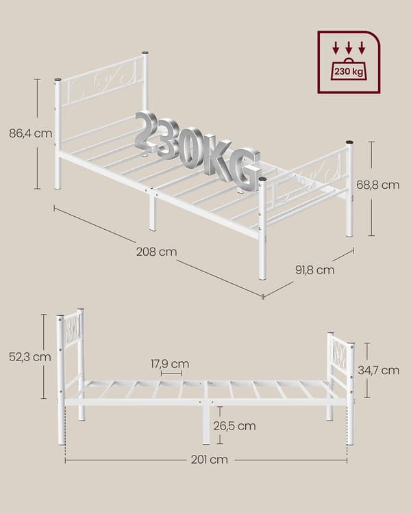 Seng 90 x 200 cm - Nem montering - Mat hvid