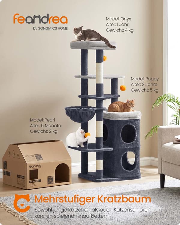 Kradsetræ - 152 cm - med huler og platforme - duegrå