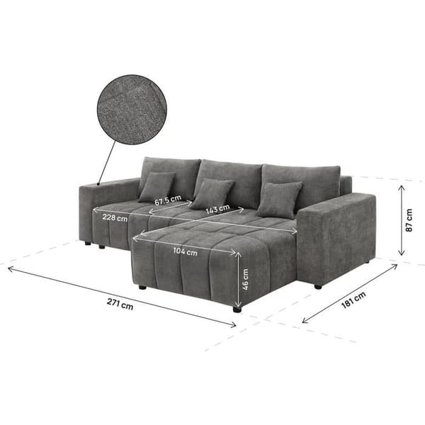 Vinkelsofa, vendbar/konvertibel i stof - "George" - 4 pladser - Grå