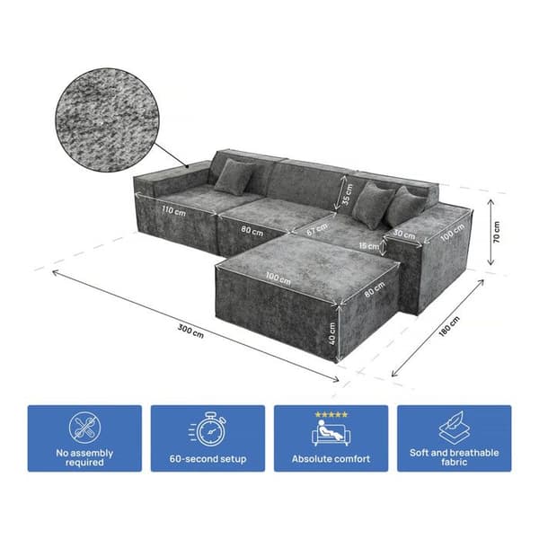 Modulär rak soffa med ottoman i texturerad tyg "Lusso" - 4 platser - Grå