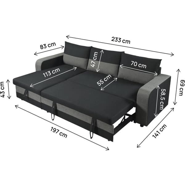 Vinkelsofa, vendbar/konvertibel i stof "Victor" - 3 pladser - Sort