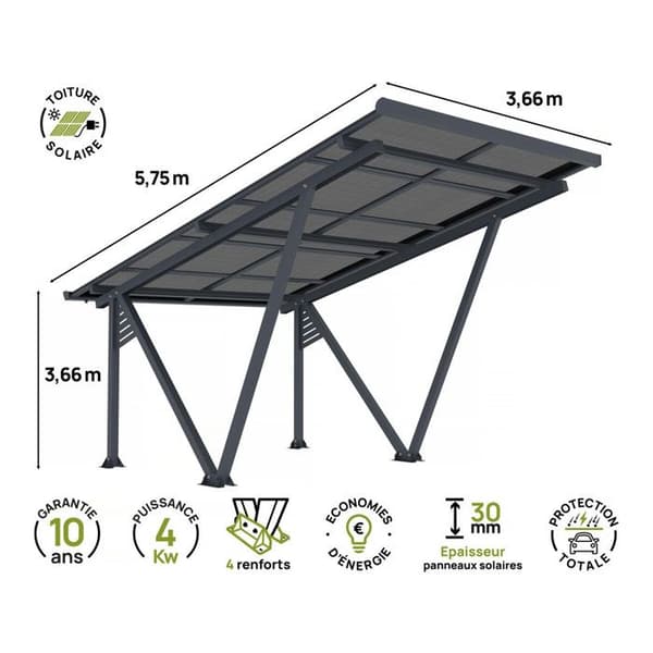 Solarlamellparkeringsplats med solpaneler - 366 x 575 x 366 cm - Grå - 4,1 kW