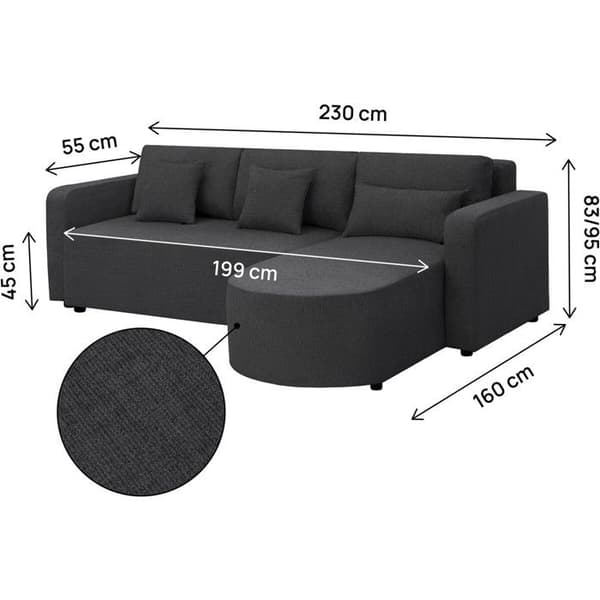 Vinkelsofa konvertibel/omvendelig i stof "Charles" - 3 pladser - Sort