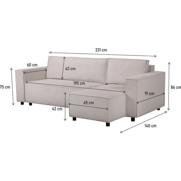 Vinkelsofa i fløjl "Montaigne S" - 3 pladser - Beige