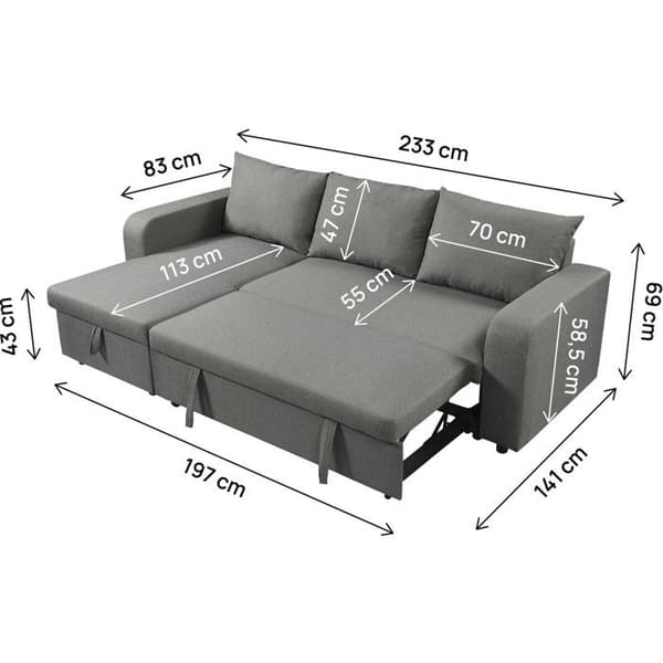 Vinkelsofa, vendbar/konvertibel i stof "Victor" - 3 pladser - Grå