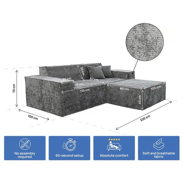 Modulär rak soffa med ottoman i texturerat tyg "Lusso" - 3 platser - Grå