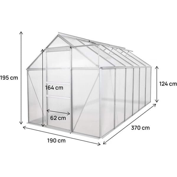 Polykarbonat växthus 370 x 190 x 195 cm "Basilic" - 7,03 m² - Grå