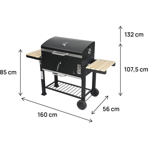 Kulgrill med sidehylder og justerbare riste "Marquis" - Sort