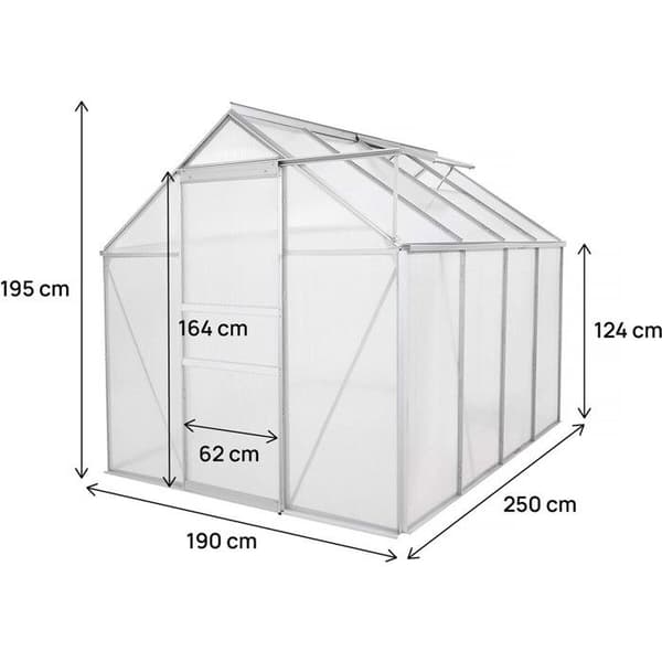 Polykarbonat växthus 250 x 190 x 195 cm "Basilic" - 4,75 m² - Grå