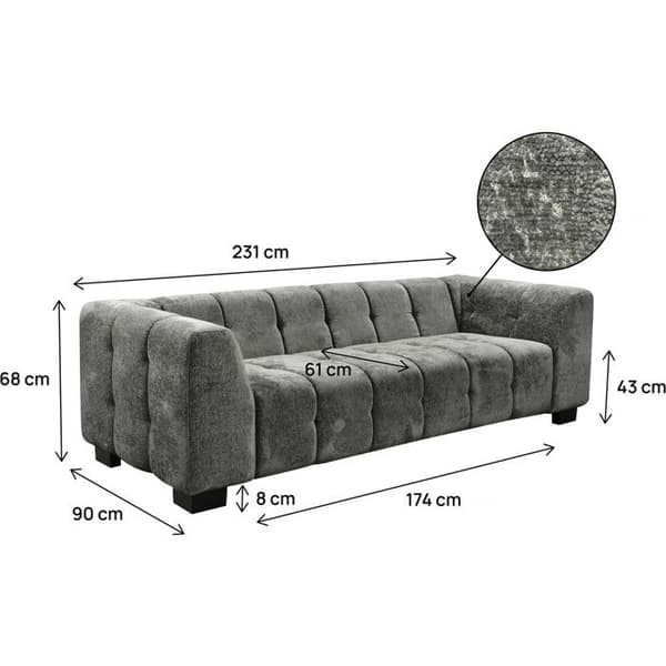 3-sits rak soffa i sammet - Grå - Chenilletyg - 231x90x68 cm
