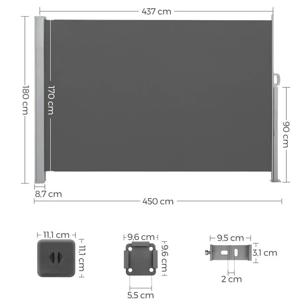 Utdragbart insynsskydd 1,8x4,5 m - Grå / sidoskärm / utdragbar markis