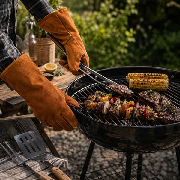 Grillvantar i läder - brun / lädervantar för grillning / BBQ-handskar