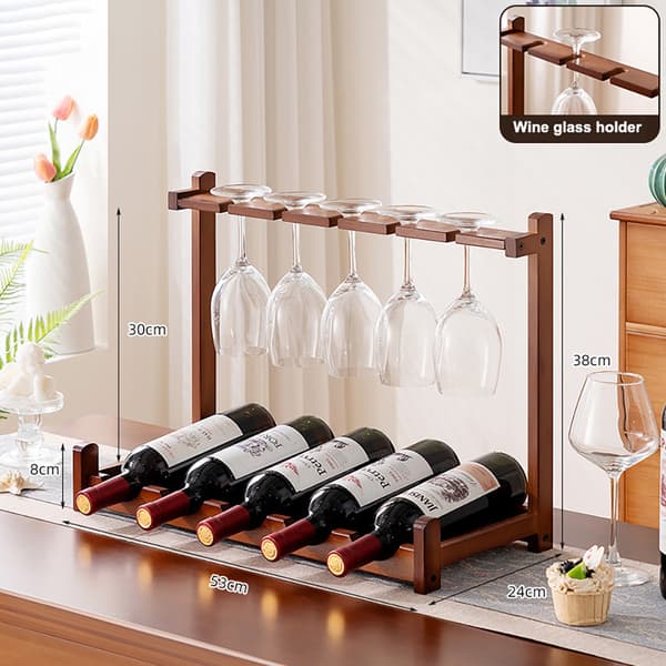 Ställ i bambu för vinflaskor och glas / vinställ med glashållare / vinförvaring / flaskställ