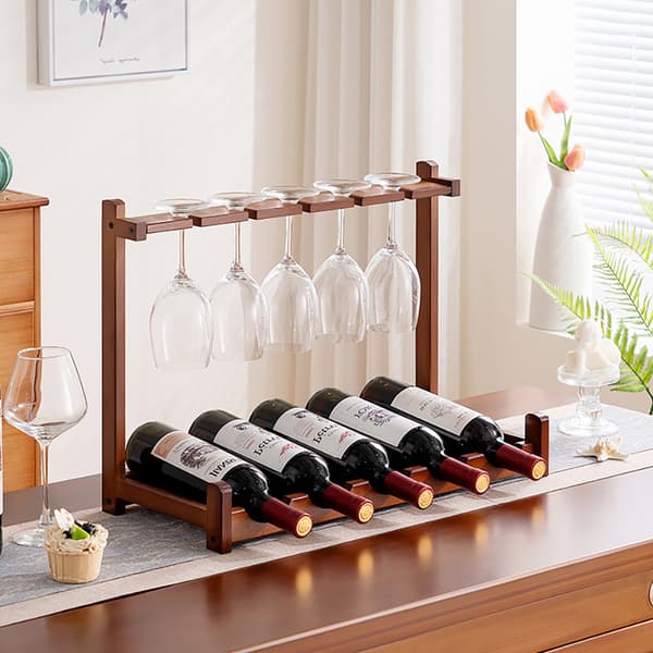 Ställ i bambu för vinflaskor och glas / vinställ med glashållare / vinförvaring / flaskställ