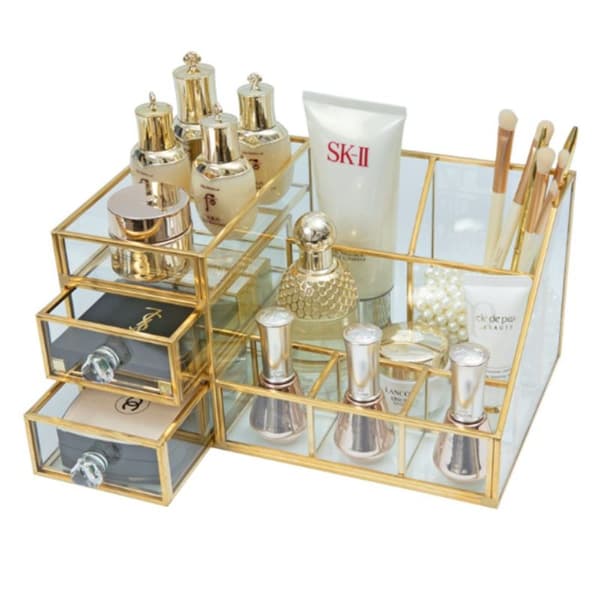 UNIQ Makeup Organizer med 2 Skuffer og 7 Rom - Gull