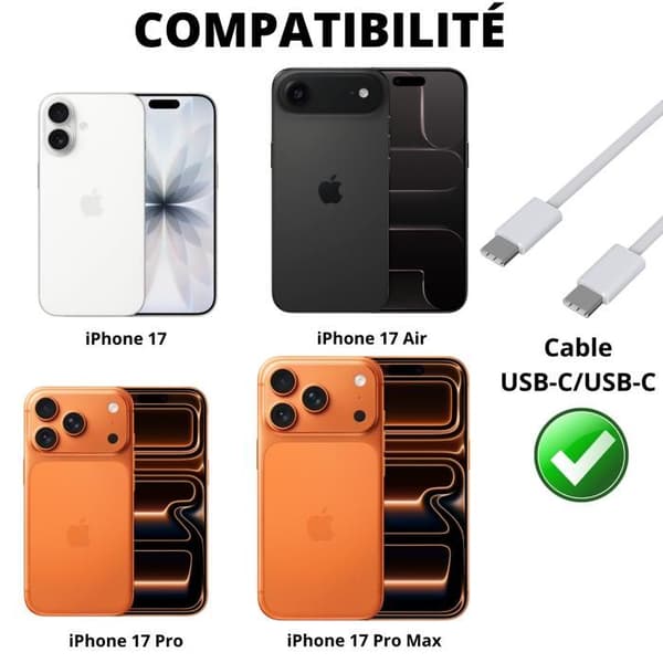 USB-C USB-C-kabel för iPhone 17 / iPhone 17 AIR / iPhone 17 PRO / iPhone 17 PRO MAX - 2 meter flätad nylonkabel Phonillico®