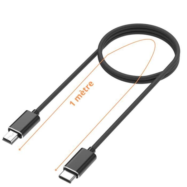 Lot 2 kablar för BenQ DC E1000/DC E1460/DC E1465/DC E1480/DC E800/DC E820 - Kabel MINI USB/USB-C Svart 1 Meter Phonillico®
