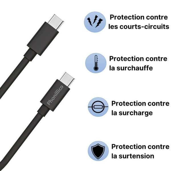 Kabel 20cm USB-C USB-C Svart för Xiaomi Mi NOTE 10 / Mi NOTE 10 LITE Phonillico®