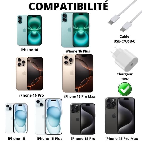 Snabb Laddare 20W - Phonillico - USB-C - 1 meter - Kompatibel med iPhone 16 - Flätad nylon