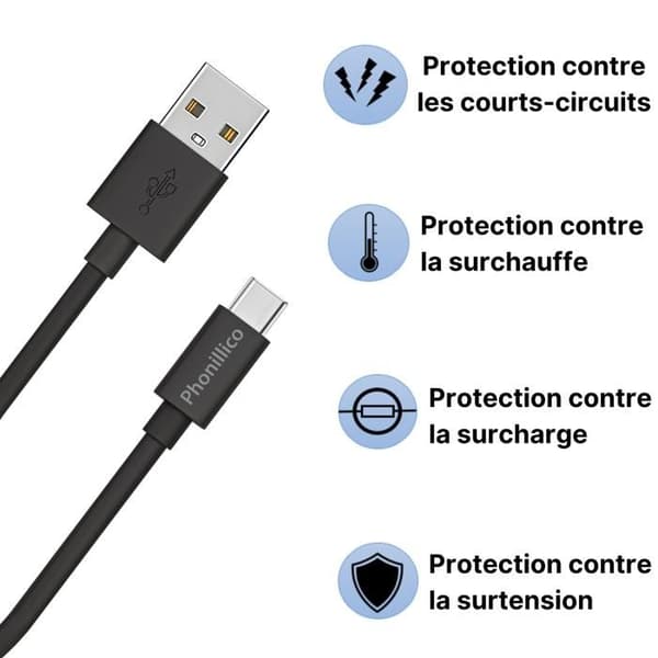 Kabel 20 cm USB-C Svart för Samsung Galaxy NOTE 8 / NOTE 9 / NOTE 10 Phonillico®