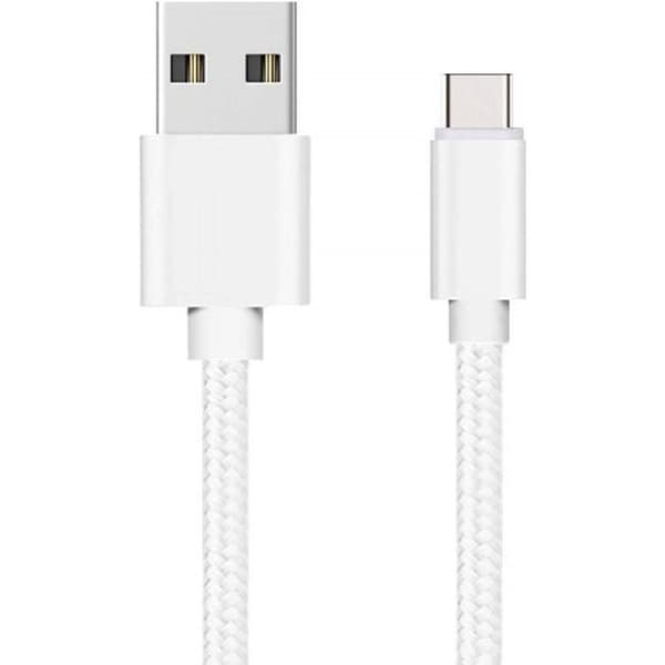 USB-C-kabel för Xiaomi Mi NOTE 10 - Mi NOTE 10 LITE - Laddkabel Typ USB-C Nylonflätad Silver Vit 1 Meter Phonillico®