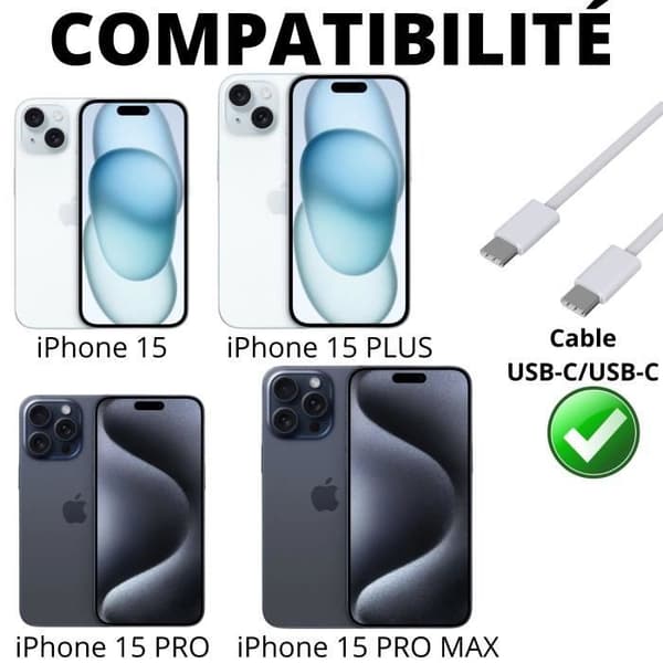 Kabel USB-C USB-C för iPhone 15 - 15 PLUS - 15 PRO - 15 PRO MAX - Nylonflätad kabel 1 meter Phonillico®