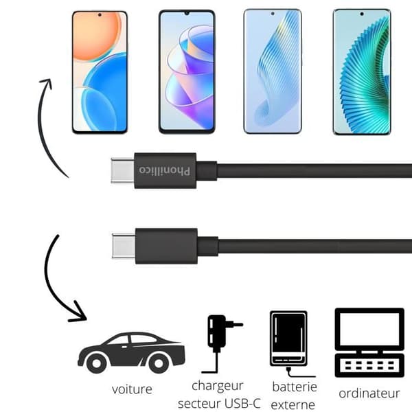 Kabel 20 cm USB-C USB-C svart för Honor Magic 5 / Magic 5 Lite / Magic 5 Pro / Magic 4 / Magic 4 Lite / Magic 4 Pro Phonillico®