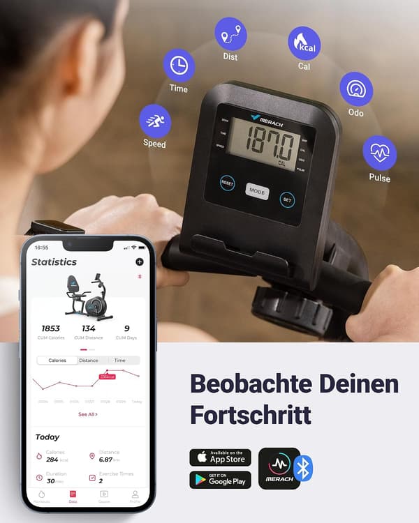 Recumbent motionscykel | 8 modstandsniveauer | Bluetooth | LCD-skærm | pulssensor