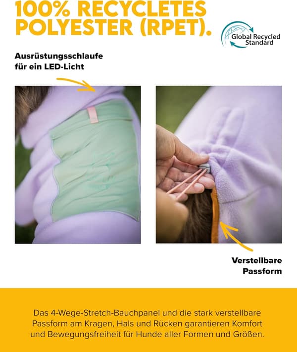 Fleecetøj hund lavendel | størrelse 45 | genbrugt polyester | reflekterende