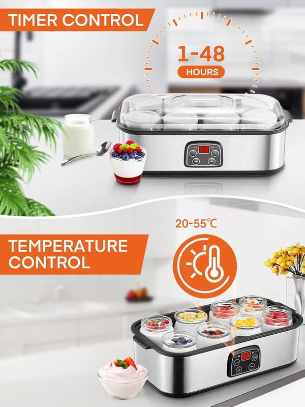 Yoghurtmaskin med 8 glasburkar | 1440 ml | LCD-display | timer | hemmabruk