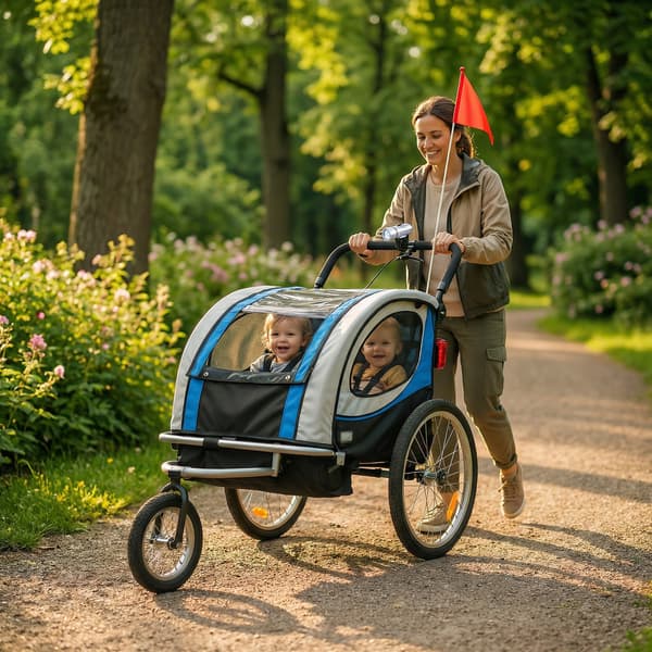Multifunktionell cykelkärra blå | 2-sits | barnvagn | stötdämpad