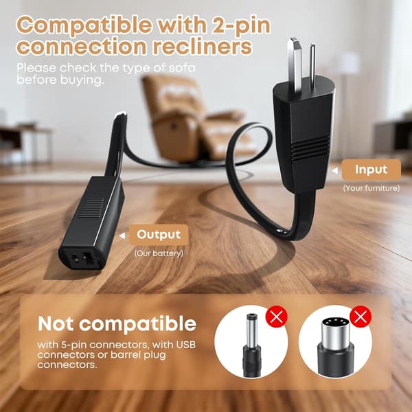 Møbelbatteri | 2500mAh | Universal 2-pin oplader | elektrisk hvilestol | sofa