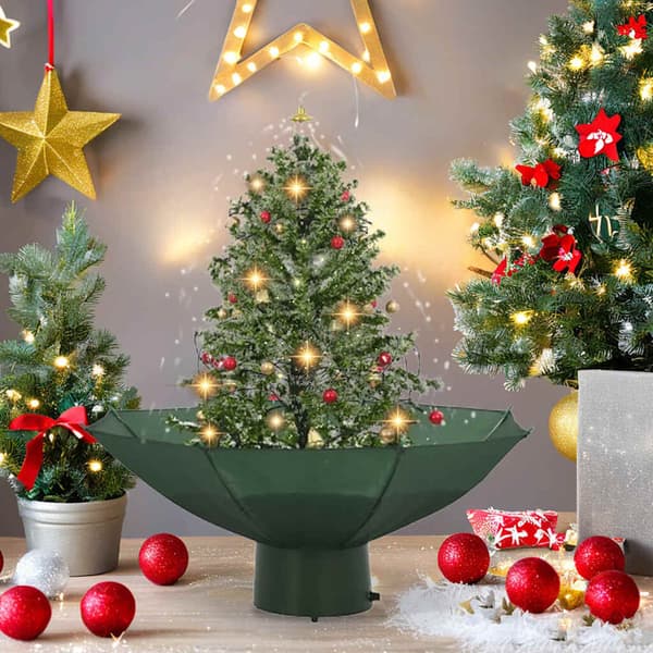 Julepynt indendørs 75 cm | grøn gran | snefald | belysning | paraplyfod