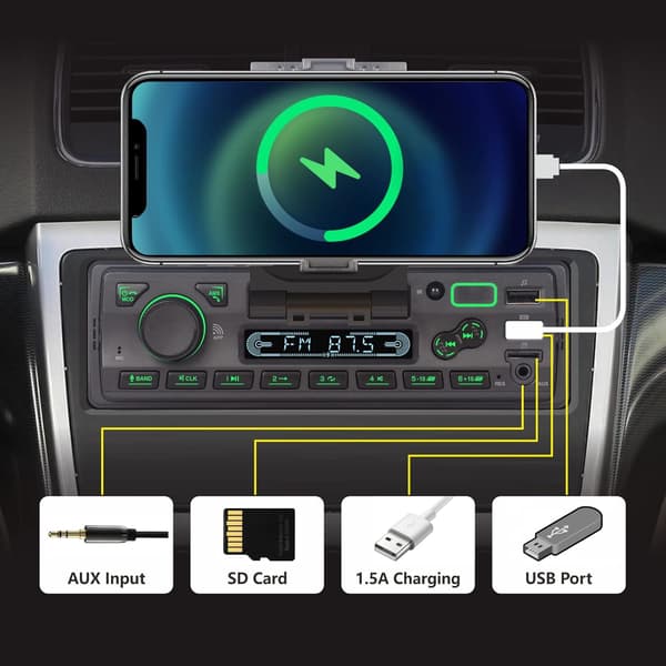 Bilstereo Bluetooth 1-DIN | Sort | App-styring | Integreret telefonholder