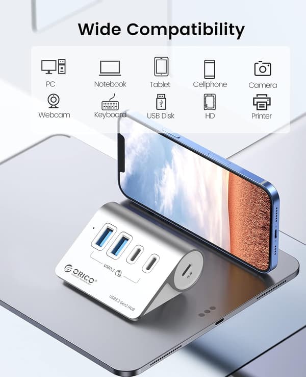 Skrivebordsadapter 4-vejs | USB-A USB-C | aluminium | 10 Gbps | 0,5m kabel