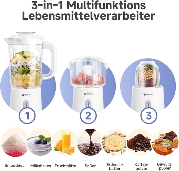 Foodprocessor til smoothies & kød | 1,25L, 500ml & 300ml | 3 hastigheder | Rustfri design