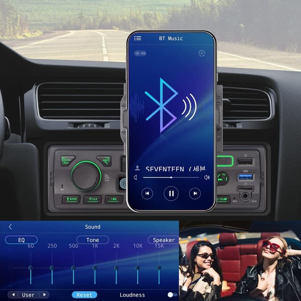 Bilradio 1-DIN med Bluetooth | Sort | App-styring | Telefonholder