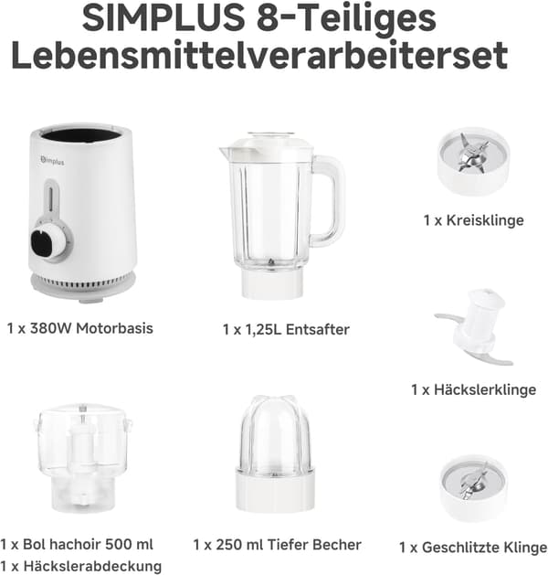 Foodprocessor til smoothies & kød | 1,25L, 500ml & 300ml | 3 hastigheder | Rustfri design