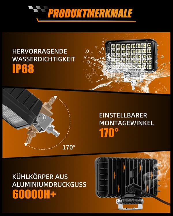 Arbejdslys LED 6 tommer | rektangulær | 70W | 10000LM | bred lysstråle