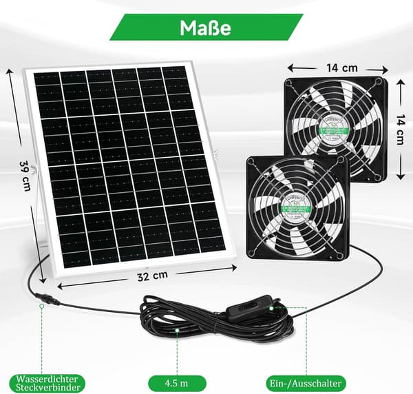 Solpanelsfläkt 25W | 2 vattentäta fläktar 5.5 tum | solcellsdriven ventilation