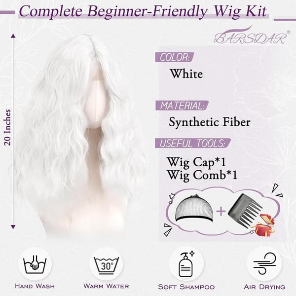 Vågperuk vit | 50 cm | syntetfiber | mediumlängd | gardinlugg