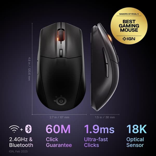 Computer-mus trådløs | 18000 DPI | 2.4GHz/Bluetooth | ergonomisk | sort