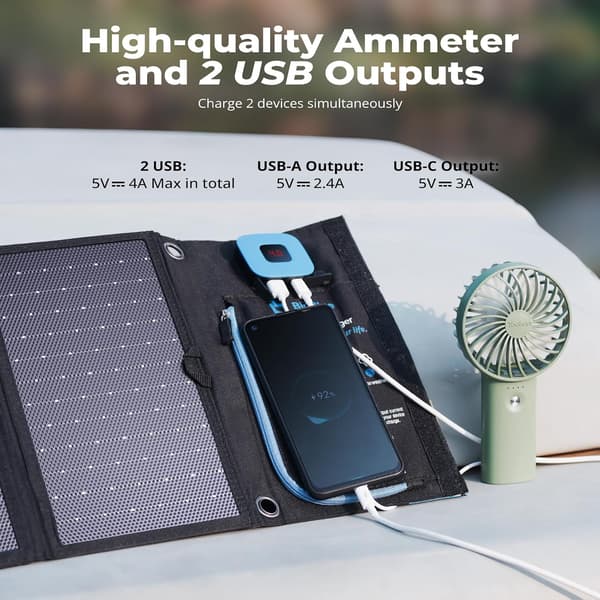 Solcellsladdare 28W | 4 paneler | 2 USB-portar | amperemeter | hopfällbar