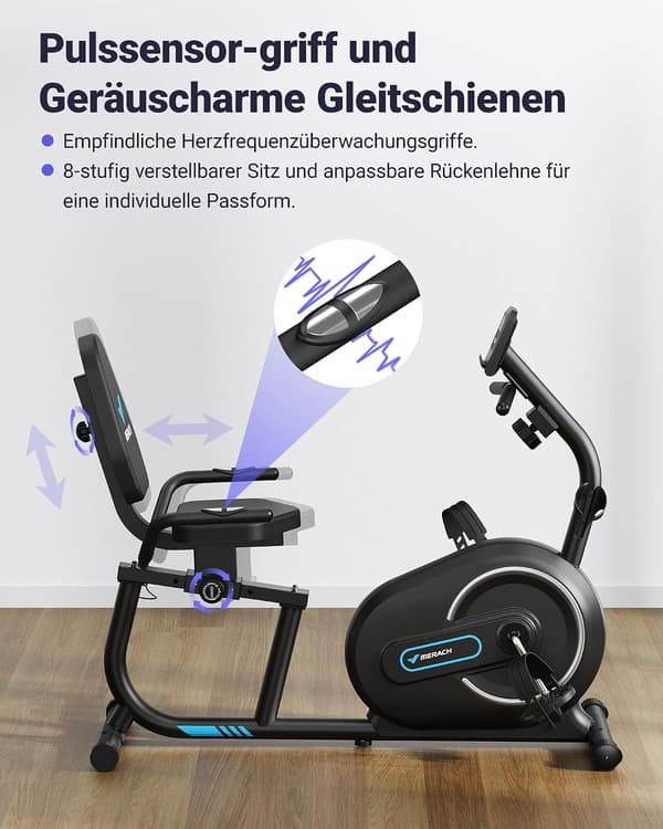 Recumbent motionscykel | 8 modstandsniveauer | Bluetooth | LCD-skærm | pulssensor