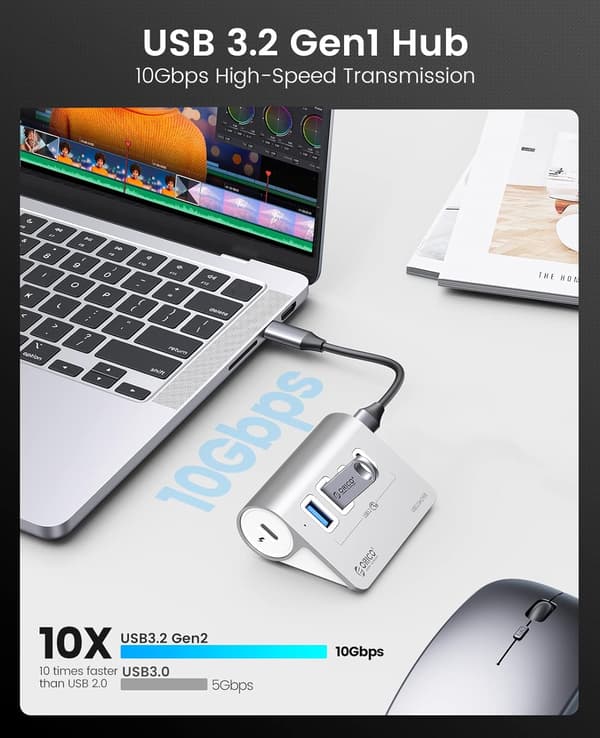 Skrivebordsadapter 4-vejs | USB-A USB-C | aluminium | 10 Gbps | 0,5m kabel