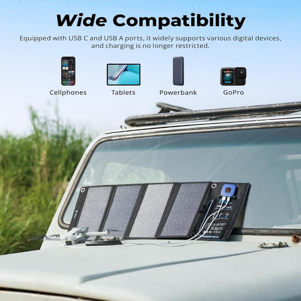 Solcellsladdare 28W | 4 paneler | 2 USB-portar | amperemeter | hopfällbar