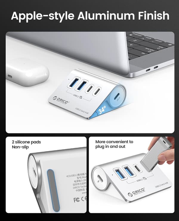 Skrivebordsadapter 4-vejs | USB-A USB-C | aluminium | 10 Gbps | 0,5m kabel